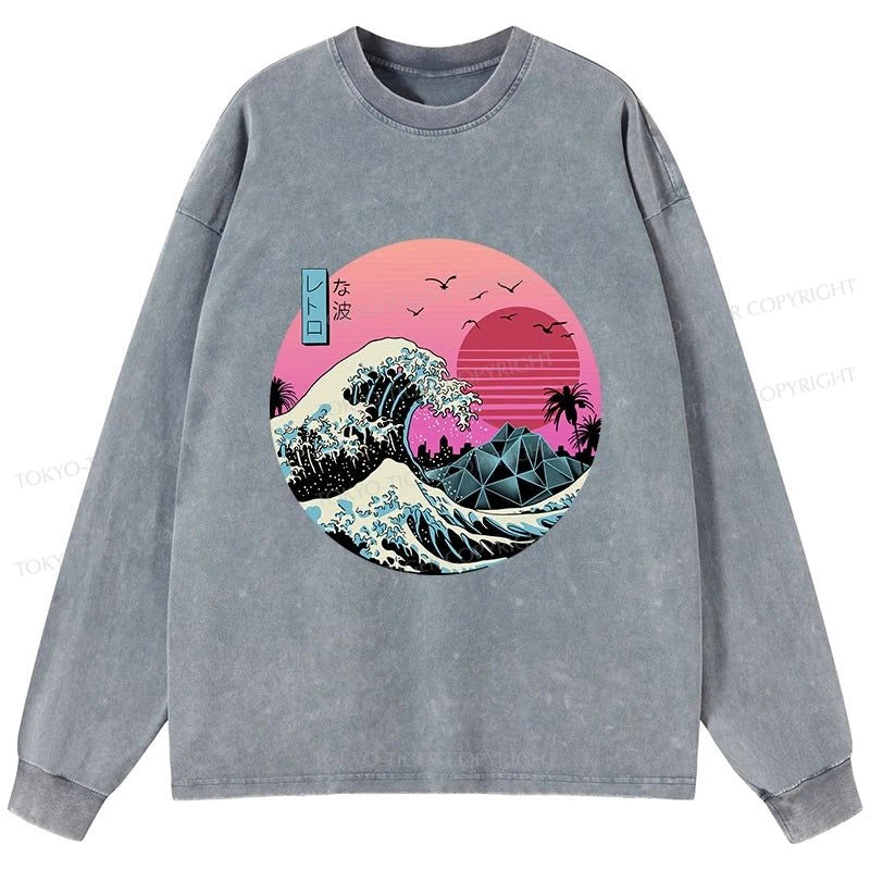 Tokyo-Tiger Japanese The Great Retro Wave Washed Long Sleeve T-Shirt