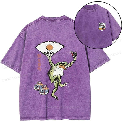 Tokyo-Tiger Dancing Frog Japanese Front Back Washed T-Shirt