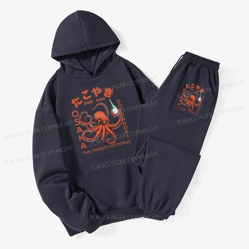 Tokyo-Tiger Octopus Drinks Soju Fleece Lined Hoodie Set