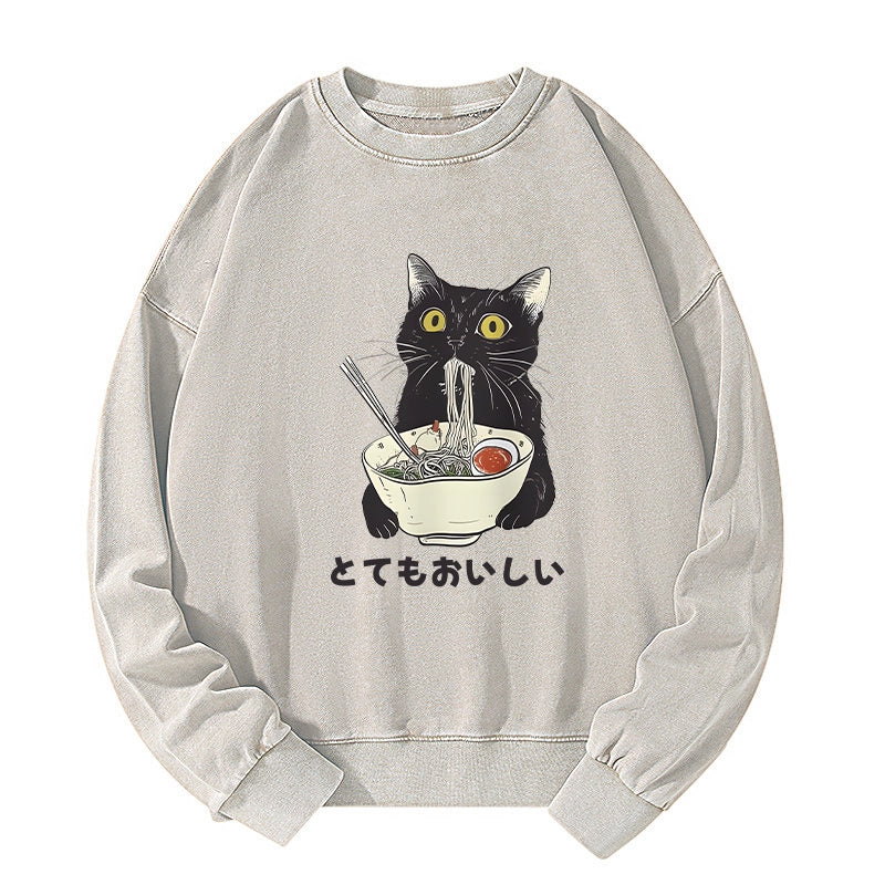 Tokyo-Tiger Cats Eat Ramen Noodles Washed Sweatshirt