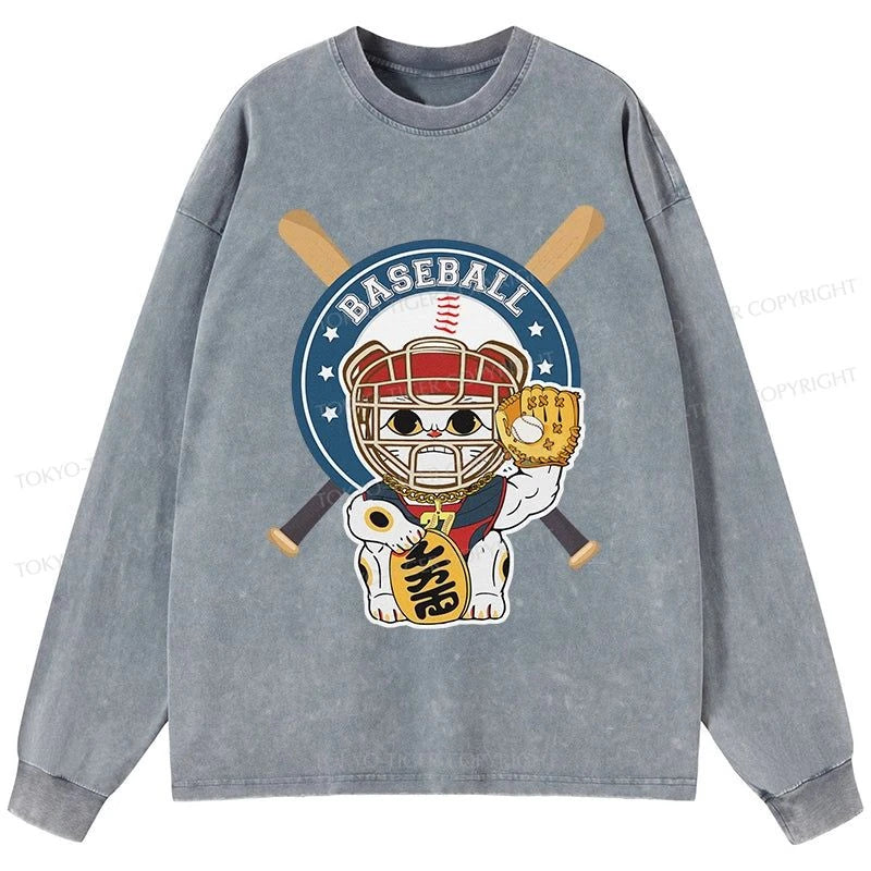 Tokyo-Tiger Janpaese Baseball Cat Washed Long Sleeve T-Shirt