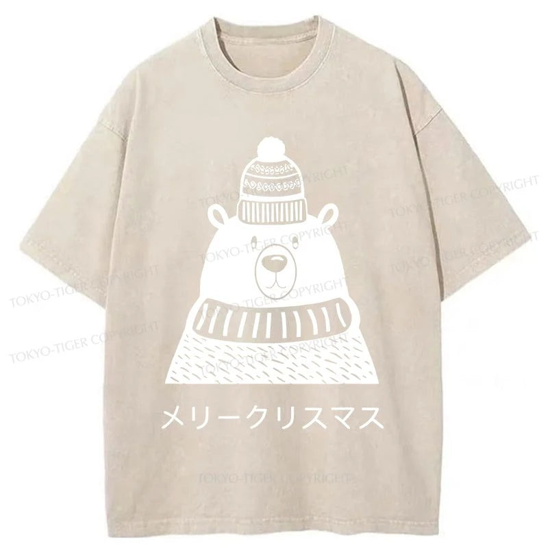 Tokyo-Tiger Cute Christmas White Bear Washed T-Shirt