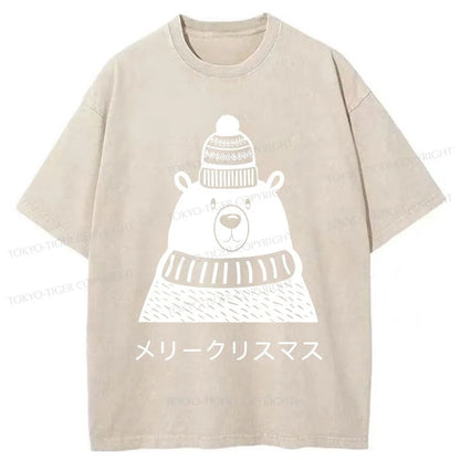 Tokyo-Tiger Cute Christmas White Bear Washed T-Shirt