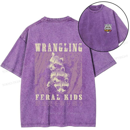 Tokyo-Tiger Wrangling Feral Raccoon Kids Front Back Washed T-Shirt