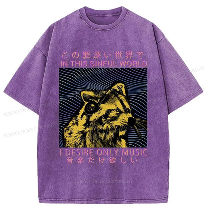 Tokyo-Tiger Raccoon Listening To Music Washed T-Shirt