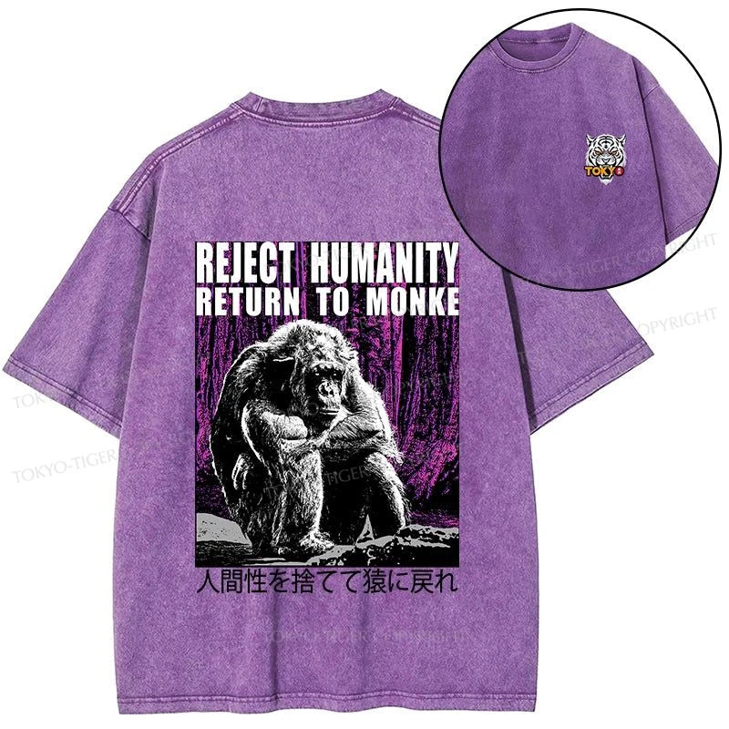 Tokyo-Tiger Reject Humanity Return To Monkey Japan Front Back Washed T-Shirt