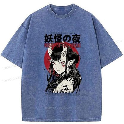 Tokyo-Tiger Yokai Aesthetic Japanese Streetwear Washed T-Shirt