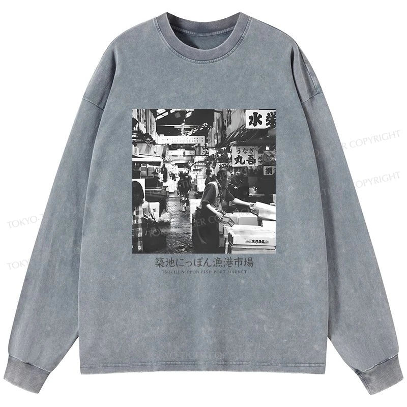 Tokyo-Tiger Tsukiji Fish Market Photo Washed Long Sleeve T-Shirt