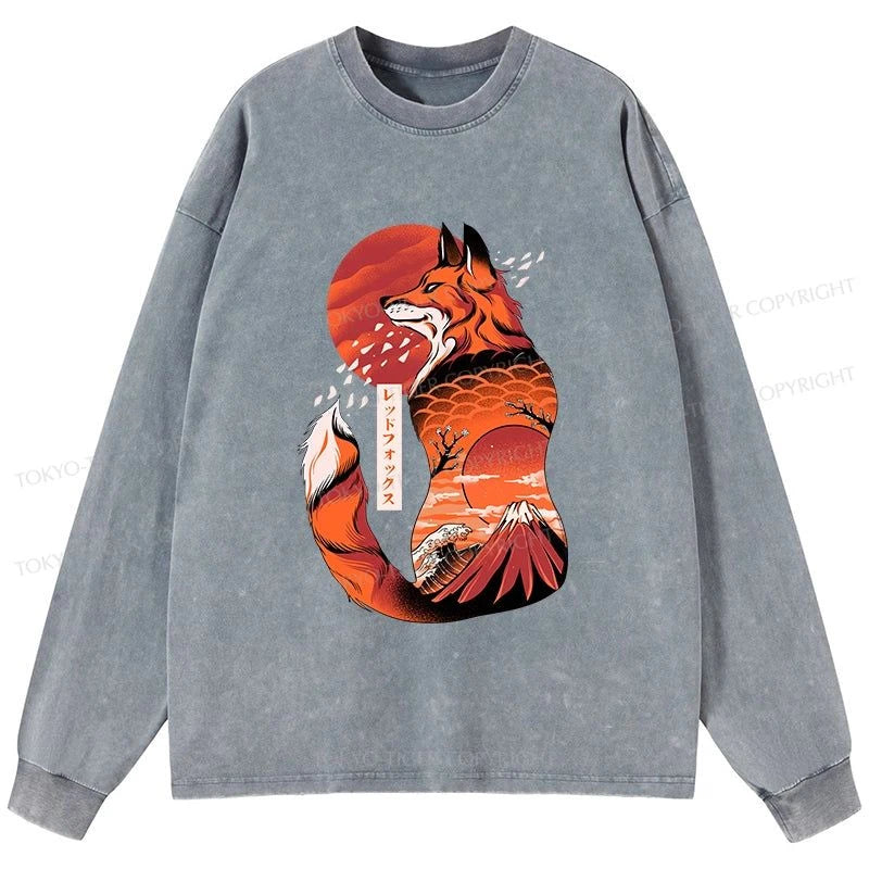 Tokyo-Tiger Japanese Fox KitsuneTattoo Washed Long Sleeve T-Shirt