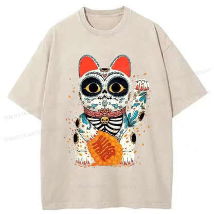 Tokyo-Tiger Skeleton Lucky Cat Washed T-Shirt