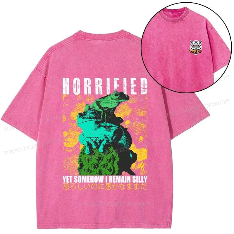 Tokyo-Tiger Horrified Two Frogs Funny Front Back Washed T-Shirt