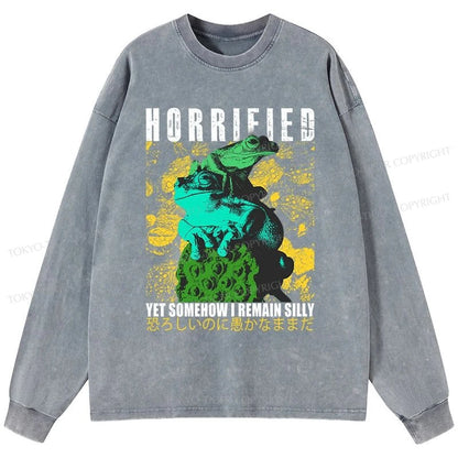 Tokyo-Tiger Horrified Two Frogs Funny Washed Long Sleeve T-Shirt