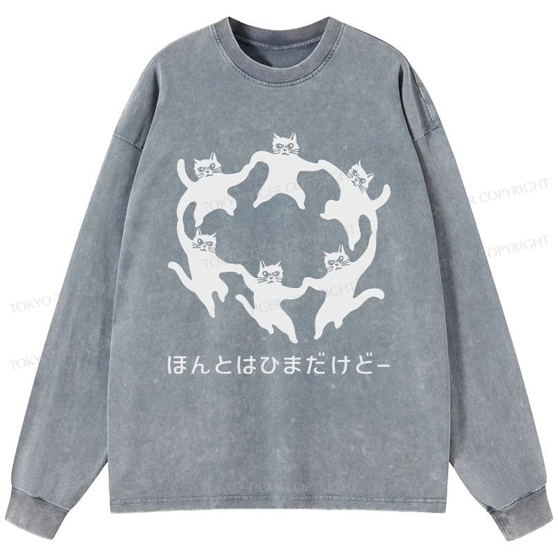 Tokyo-Tiger Leisure Cats Japanese Washed Long Sleeve T-Shirt