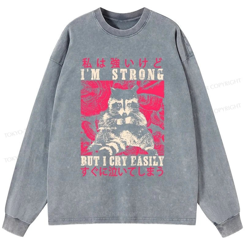 Tokyo-Tiger I Am Strong Raccoon Washed Long Sleeve T-Shirt