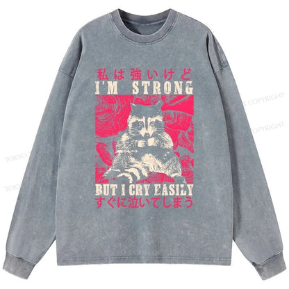 Tokyo-Tiger I Am Strong Raccoon Washed Long Sleeve T-Shirt