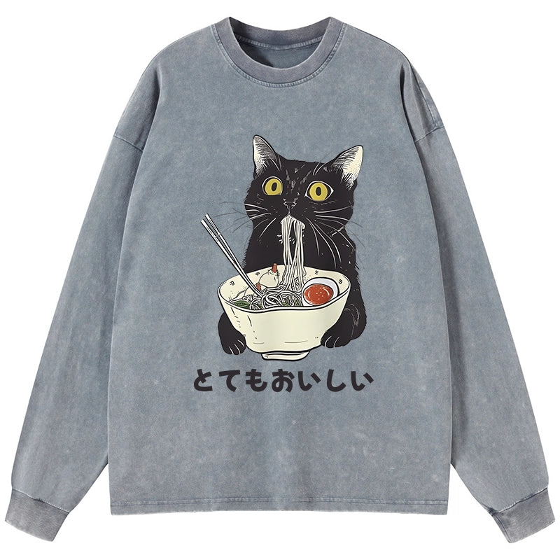 Tokyo-Tiger Cats Eat Ramen Noodles Washed Long Sleeve T-Shirt