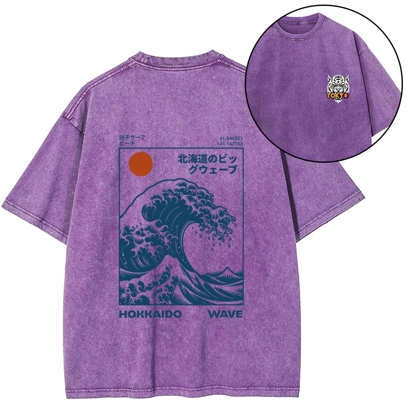 Tokyo-Tiger Hokkaido Wave Japan Front Back Washed T-Shirt