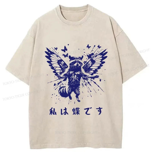 Tokyo-Tiger Raccoon Imagined He Was A Butterfly Washed T-Shirt