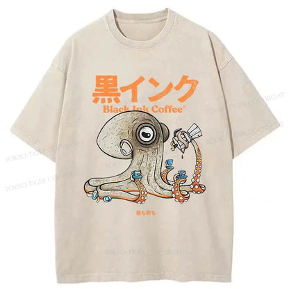 Tokyo-Tiger Octopus Drinks Black Coffee Washed T-Shirt