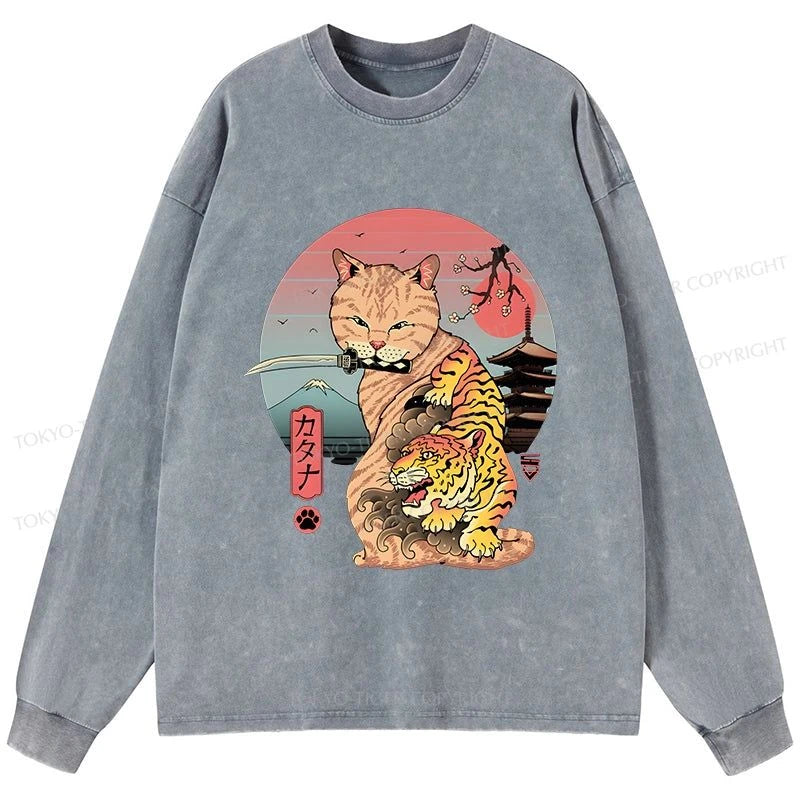 Tokyo-Tiger Katana Cat Tattoo Washed Long Sleeve T-Shirt