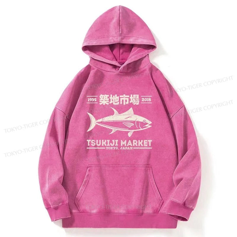 Tokyo-Tiger Retro Tsukiji Fish Market Streetwear Tokyo Washed Hoodie