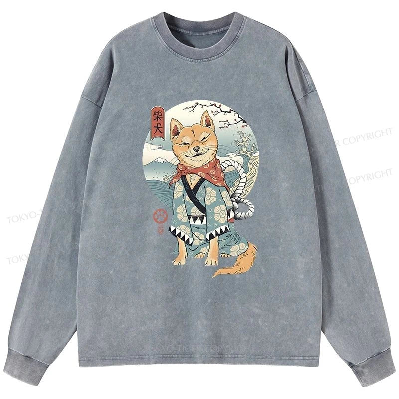 Tokyo-Tiger Samurai Shiba Dog Japanese Washed Long Sleeve T-Shirt