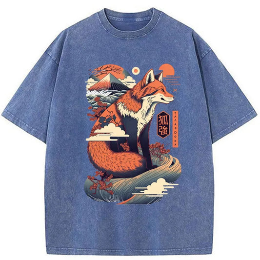 Tokyo-Tiger Japanese Kitsune Fox Wave Washed T-Shirt