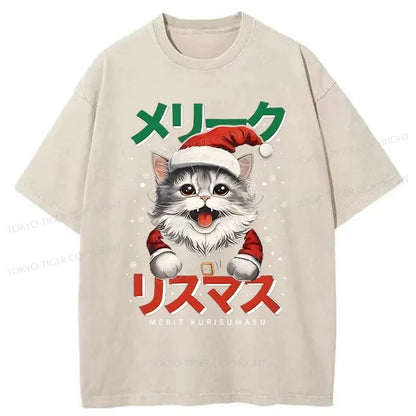 Tokyo-Tiger Cute Christmas Cat Washed T-Shirt