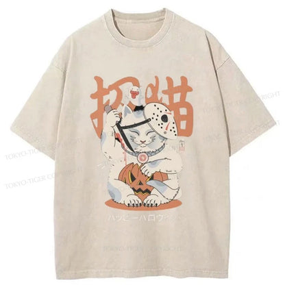 Tokyo-Tiger Halloween Cat Maneki Neko Japanese Washed T-Shirt