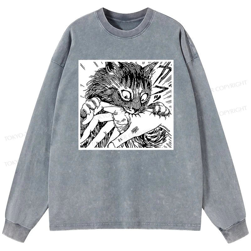 Tokyo-Tiger Creepy Cat Anime Horror Anteater Washed Long Sleeve T-Shirt