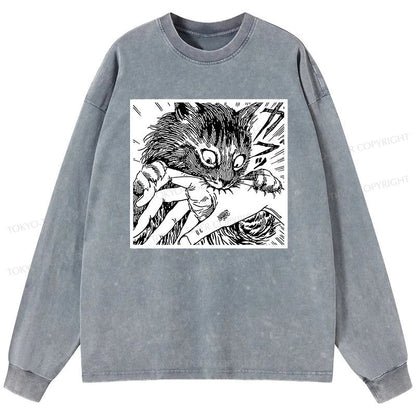 Tokyo-Tiger Creepy Cat Anime Horror Anteater Washed Long Sleeve T-Shirt