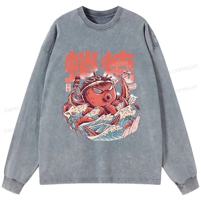 Tokyo-Tiger The Great Wave Takoyaki Japanese Washed Long Sleeve T-Shirt