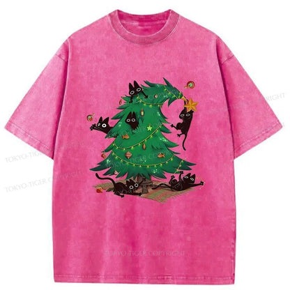 Tokyo-Tiger Cat Hiding In The Christmas Tree Washed T-Shirt