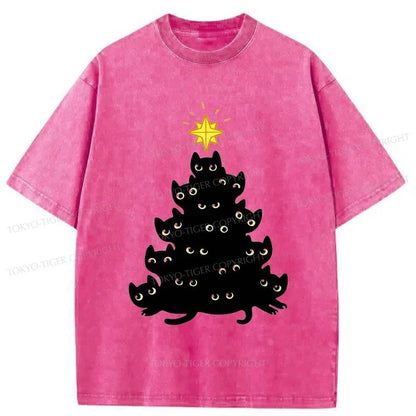 Tokyo-Tiger Black Cat Christmas Tree Washed T-Shirt