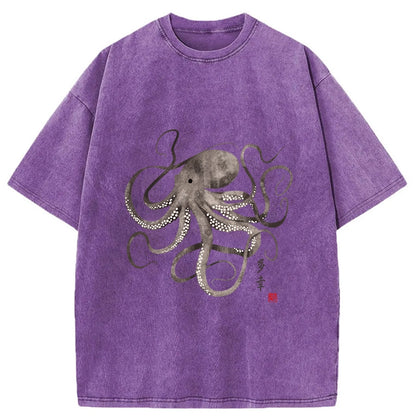 Tokyo-Tiger Octopus Japanese Calligraphy Washed T-Shirt