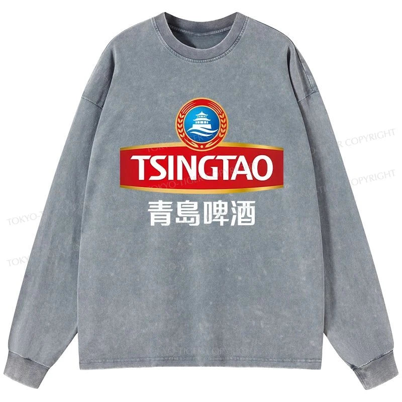 Tokyo-Tiger Qingdao Beer Logo Washed Long Sleeve T-Shirt