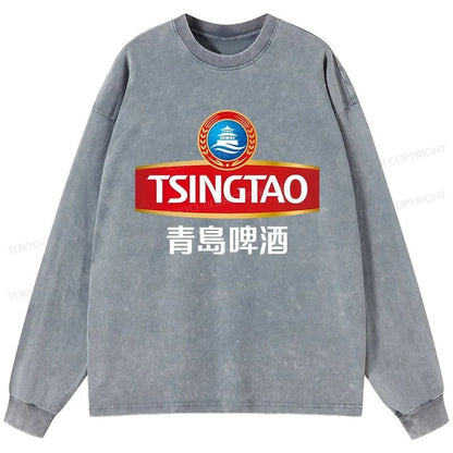 Tokyo-Tiger Qingdao Beer Logo Washed Long Sleeve T-Shirt