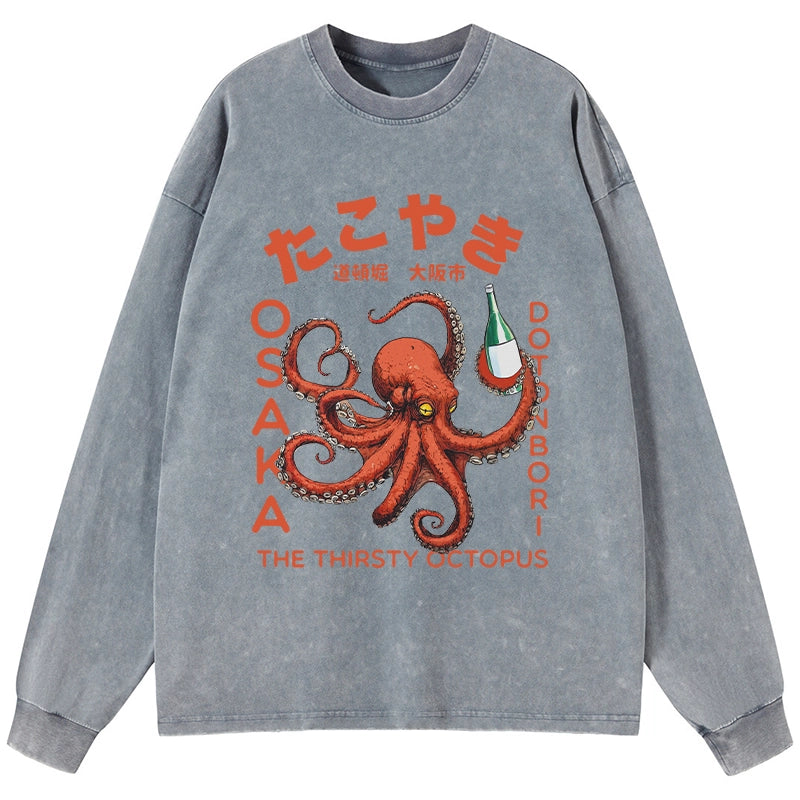 Tokyo-Tiger Octopus Drinks Soju Washed Long Sleeve T-Shirt