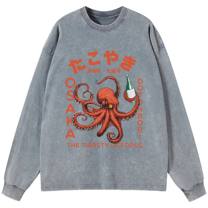 Tokyo-Tiger Octopus Drinks Soju Washed Long Sleeve T-Shirt