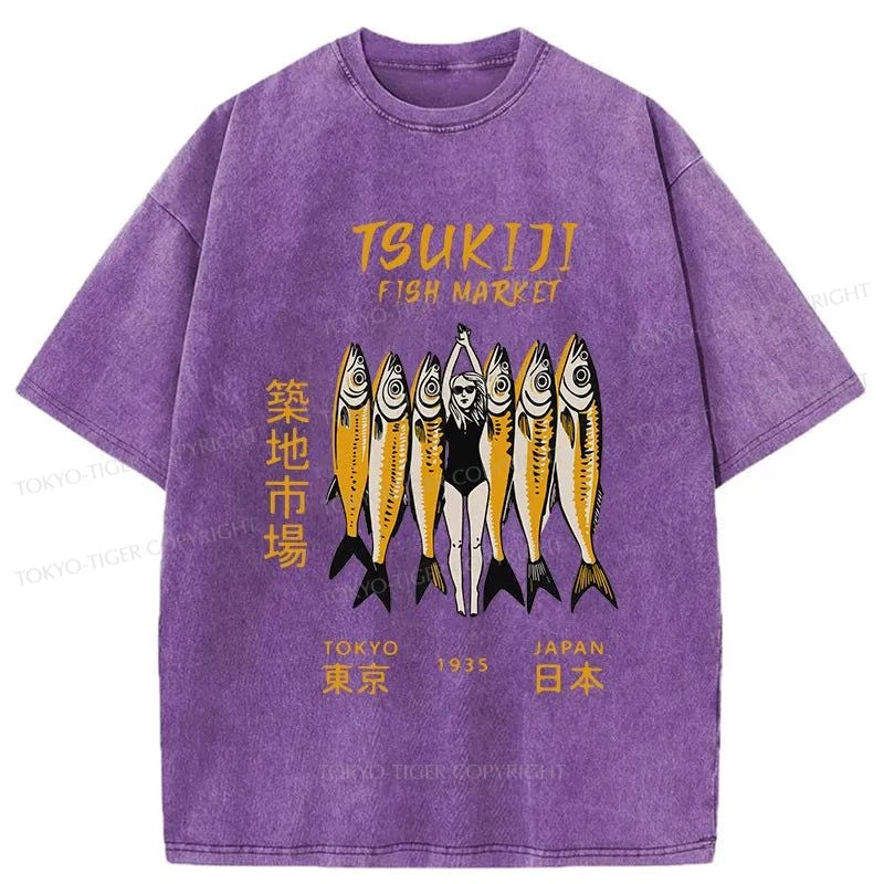 Tokyo-Tiger Fish At Tsukiji Market Washed T-Shirt