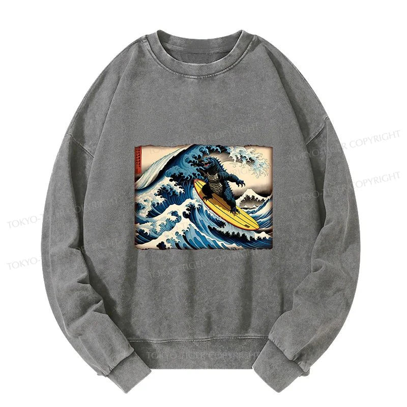 Tokyo-Tiger Dinosaur Surfing Japanese Washed Sweatshirt