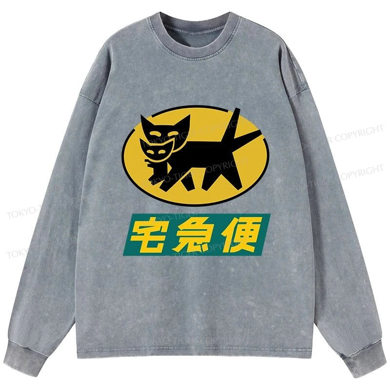 Tokyo-Tiger Black Cat Quick Transport Washed Long Sleeve T-Shirt