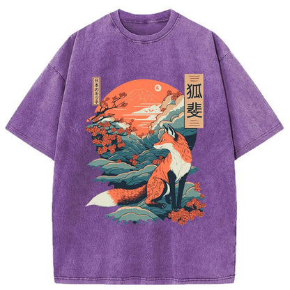 Tokyo-Tiger Japanese Kitsune Fox Sakura Washed T-Shirt