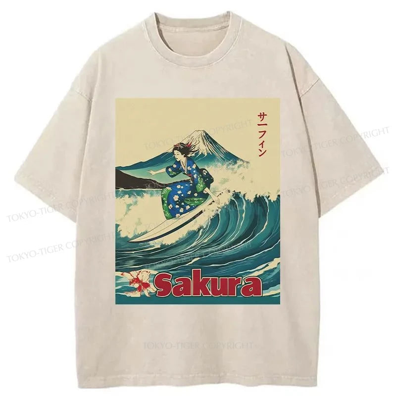 Tokyo-Tiger Geisha Surfing Washed T-Shirt