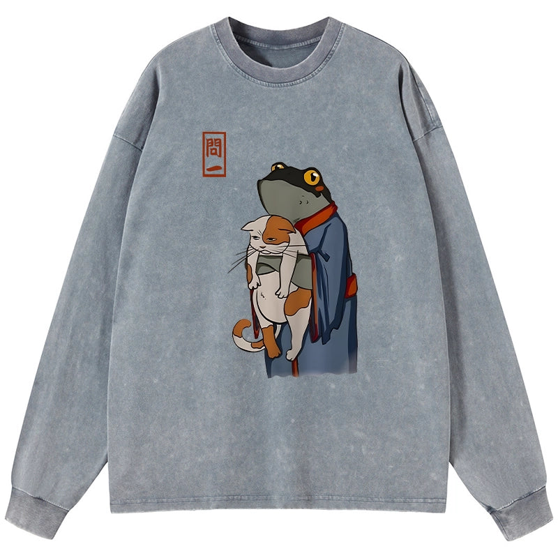 Tokyo-Tiger The Frog Holds The Cat Washed Long Sleeve T-Shirt