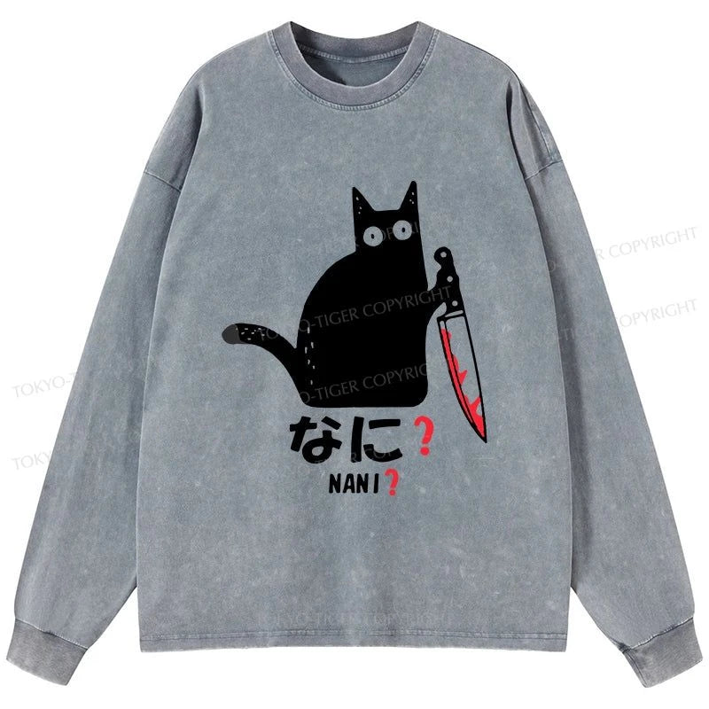 Tokyo-Tiger A Puzzled Cat Holding A Knife Washed Long Sleeve T-Shirt