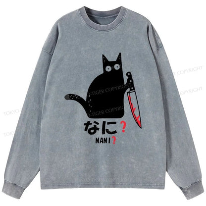 Tokyo-Tiger A Puzzled Cat Holding A Knife Washed Long Sleeve T-Shirt