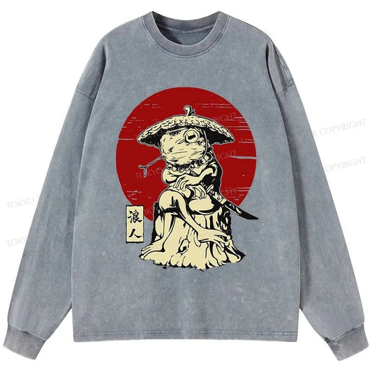 Tokyo-Tiger Rounin Japanese Frog Samurai Washed Long Sleeve T-Shirt