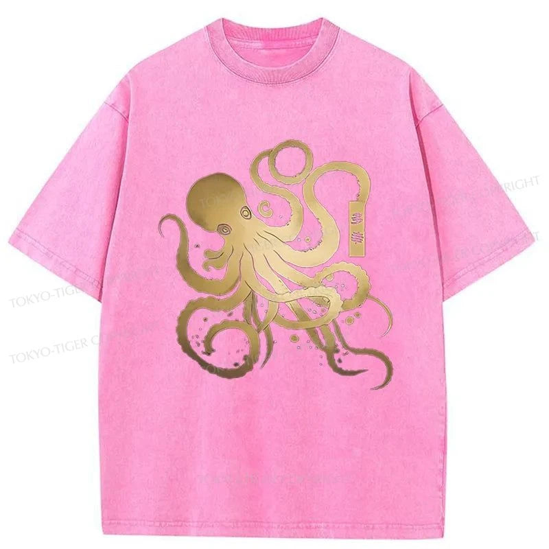 Tokyo-Tiger Japanese Calligraphy Version Of Octopus Washed T-Shirt