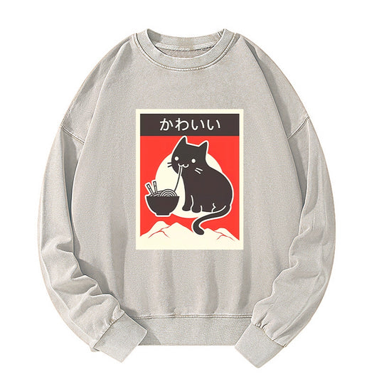 Tokyo-Tiger "Kawaii" Vintage Style Japenese Ramen Cat Washed Sweatshirt